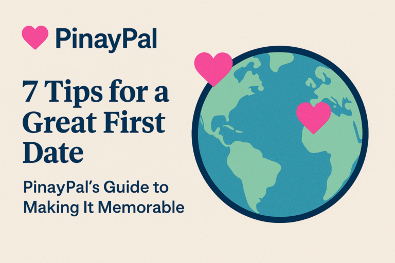 PinayPal promotional image displaying the website interface on the left and the dating app on a smartphone screen on the right. The website section features the PinayPal logo, tagline 'Connecting Filipino Hearts Across the Globe,' a brief platform description, and a 'Get Started' button. The smartphone shows a profile of a young Filipina named Arianna, 25, from Manila, highlighting the clean and user-friendly design of the dating app.